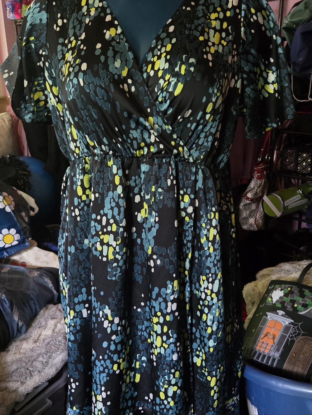 Torrid Black Wrap Midi Dress with Blue, Yellow & White Spot Print